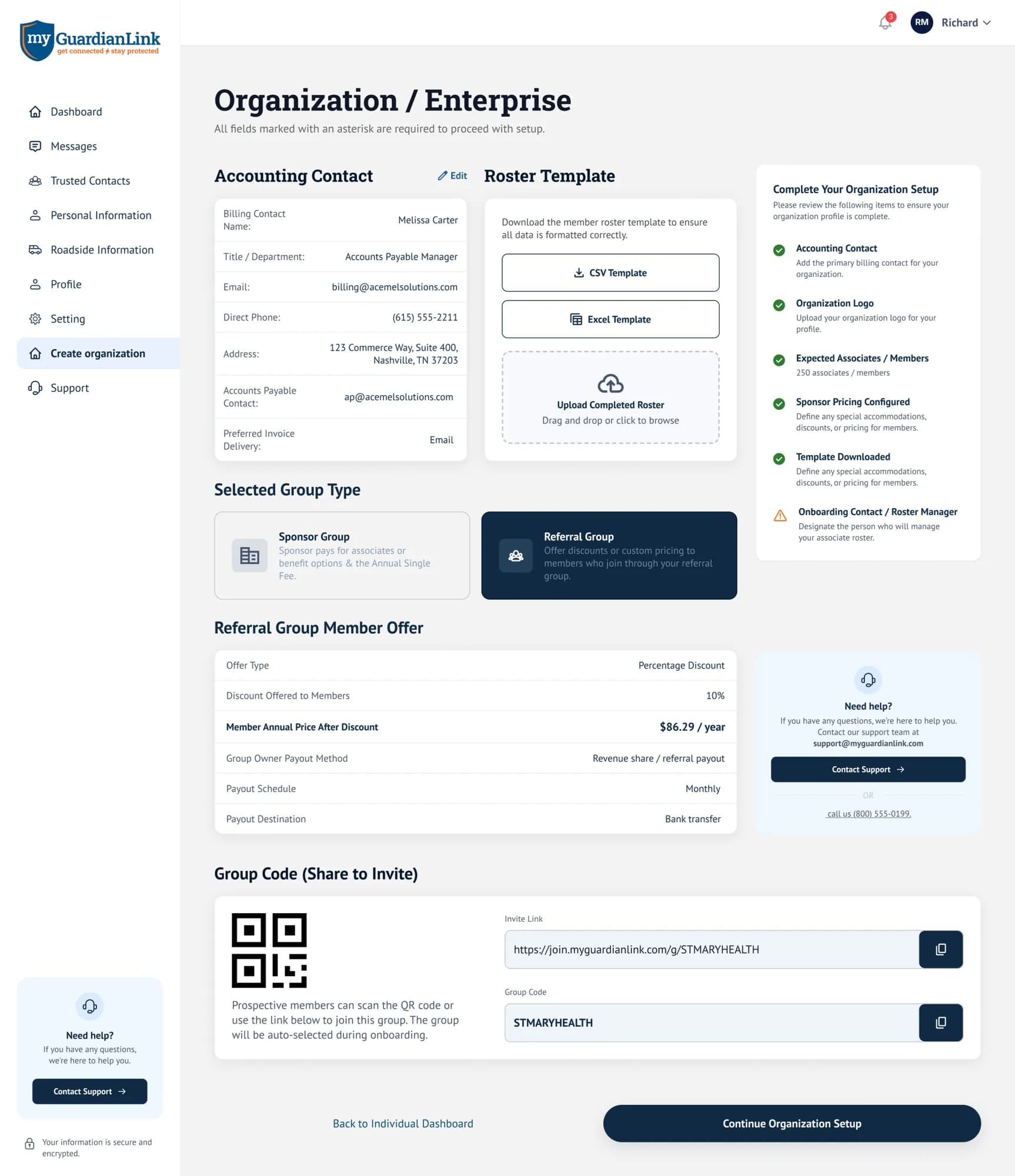 Organization Portal — Referral Group setup