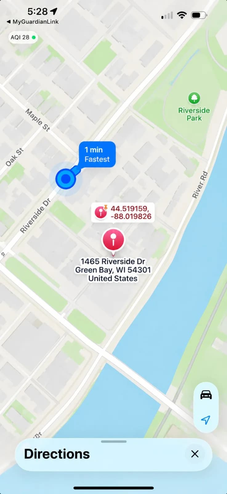 My Guardian Link live map with the user’s location pin, coordinates and street address