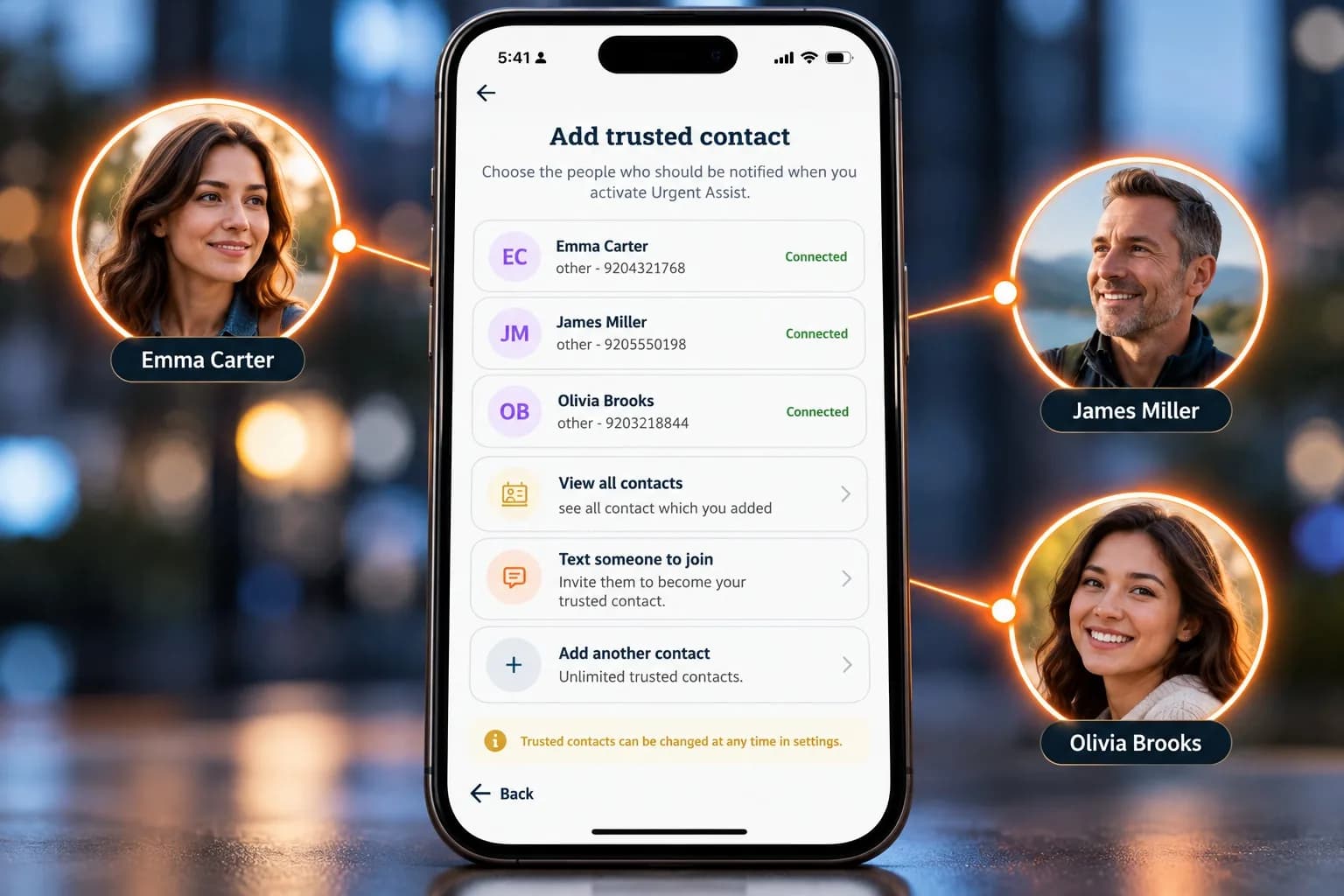 My Guardian Link Add trusted contact screen with three connected trusted contacts