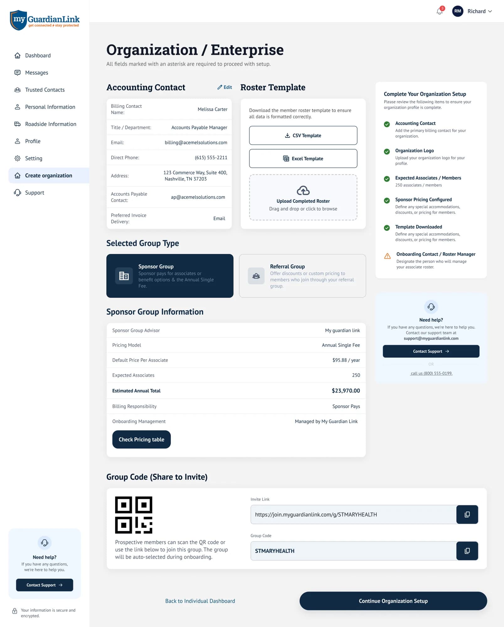 Organization Portal — Sponsor Group setup