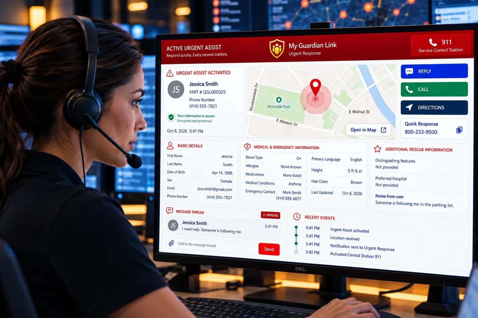 Coordinator reviewing an incident record with identity, live location, message thread and a timestamped event log