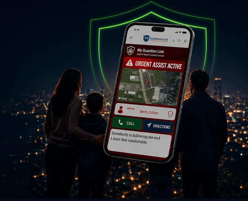 Family watching the city at night with the My Guardian Link Urgent Assist screen