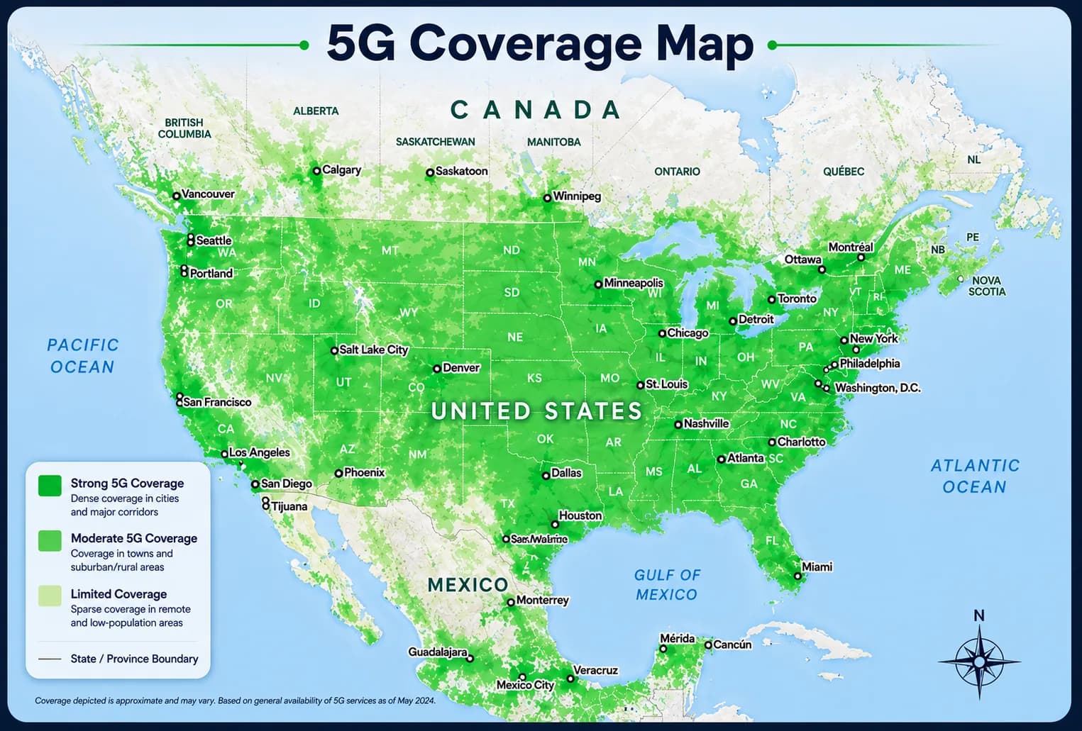 5G coverage map of the United States, Canada and Mexico