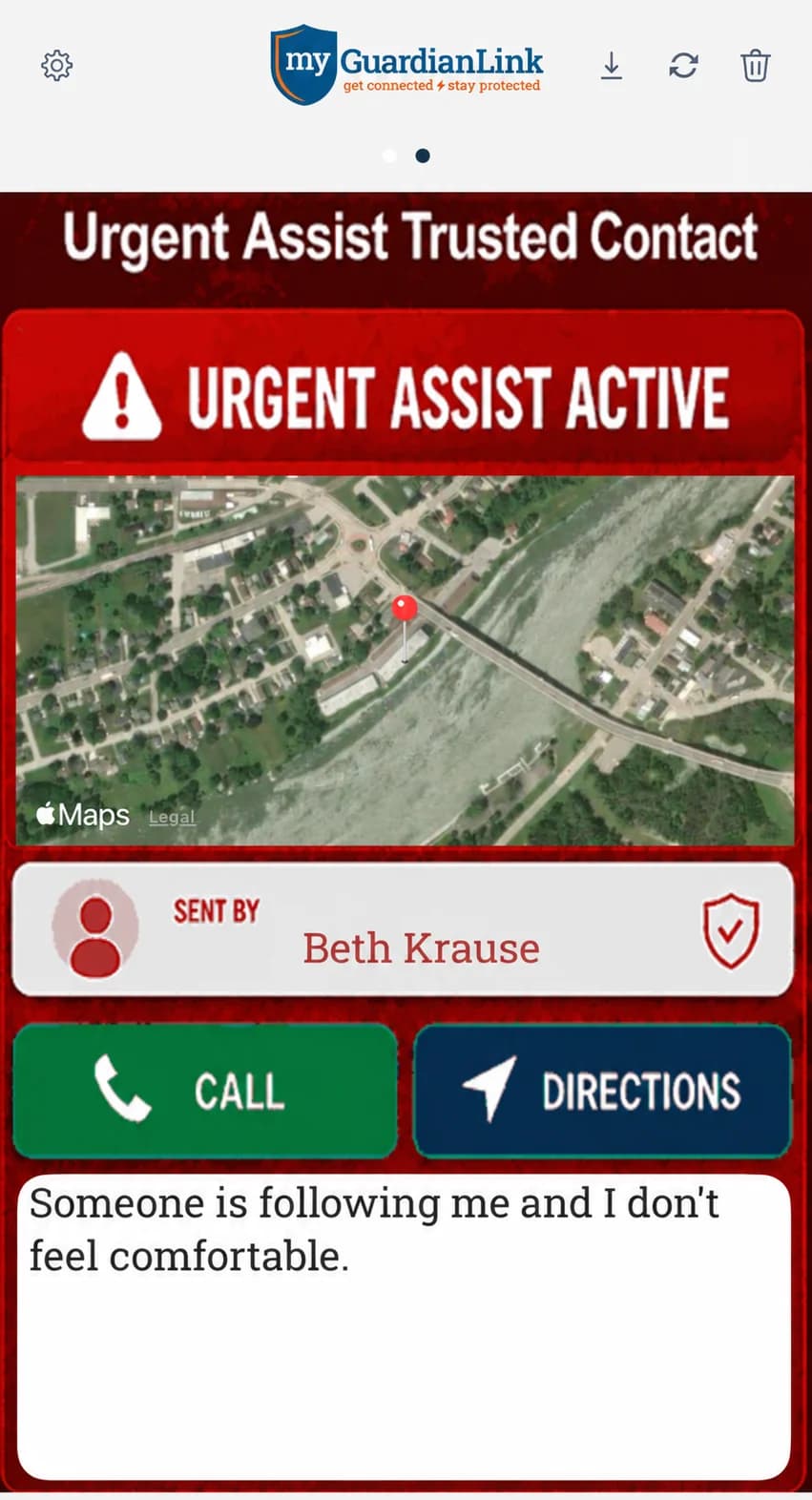 Urgent Assist Trusted Contact alert in the My Guardian Link app: map location, sender name, Call and Directions buttons, and the message “Someone is following me and I don’t feel comfortable.”