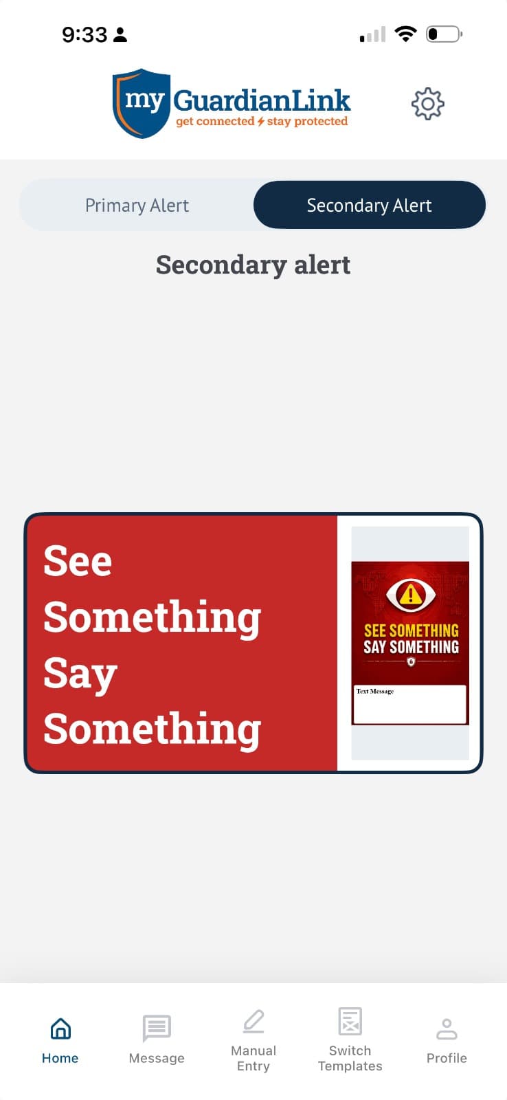 My Guardian Link app: Secondary Alert screen with the See Something Say Something alert