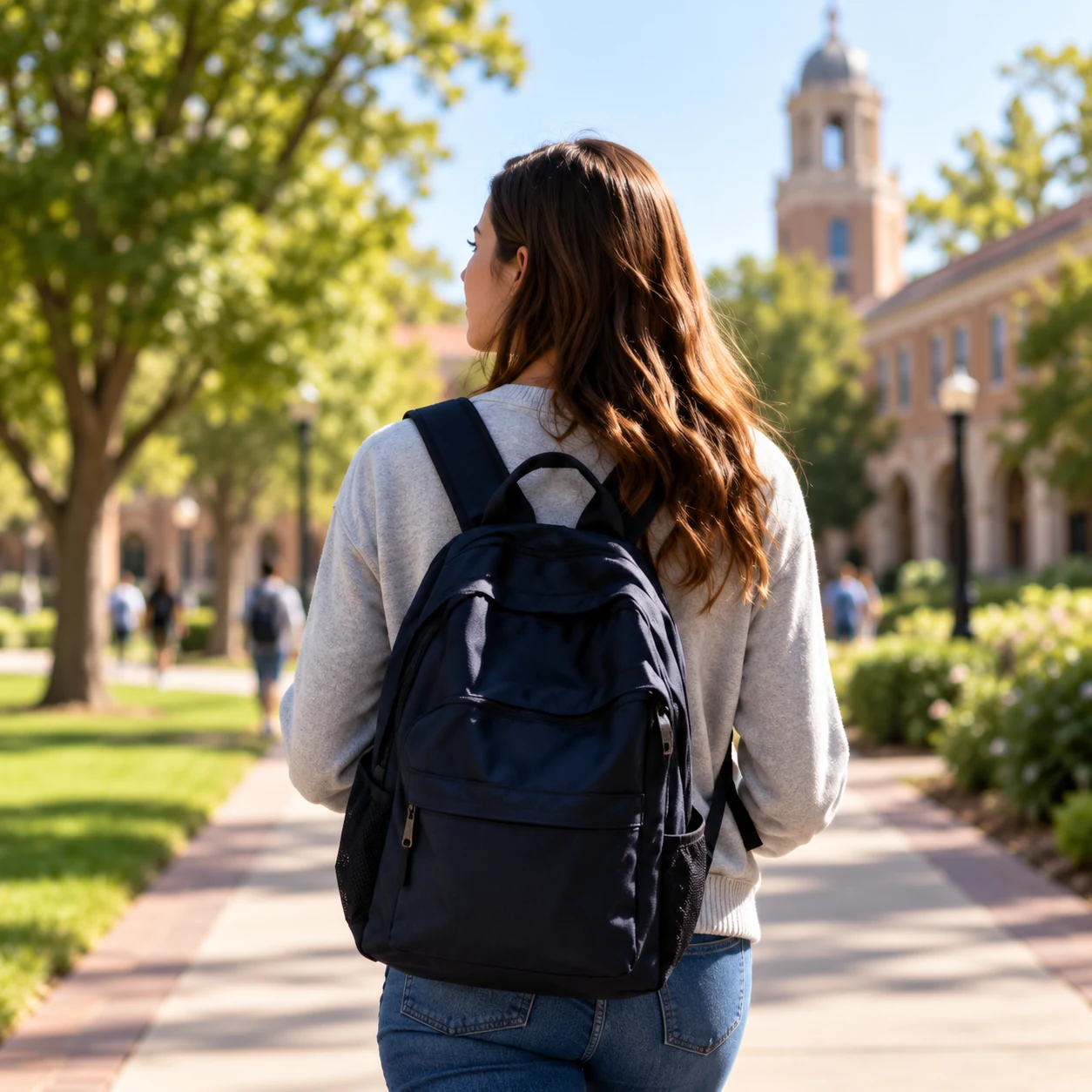College student walking across campus with a backpack