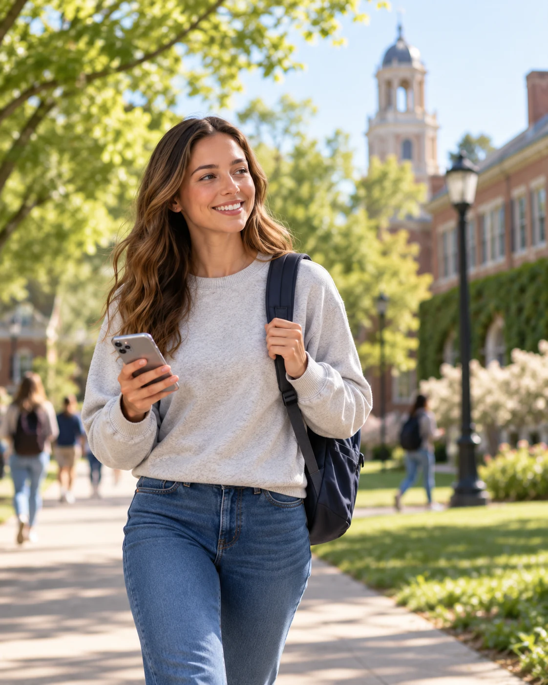 College student walking confidently across campus with her phone